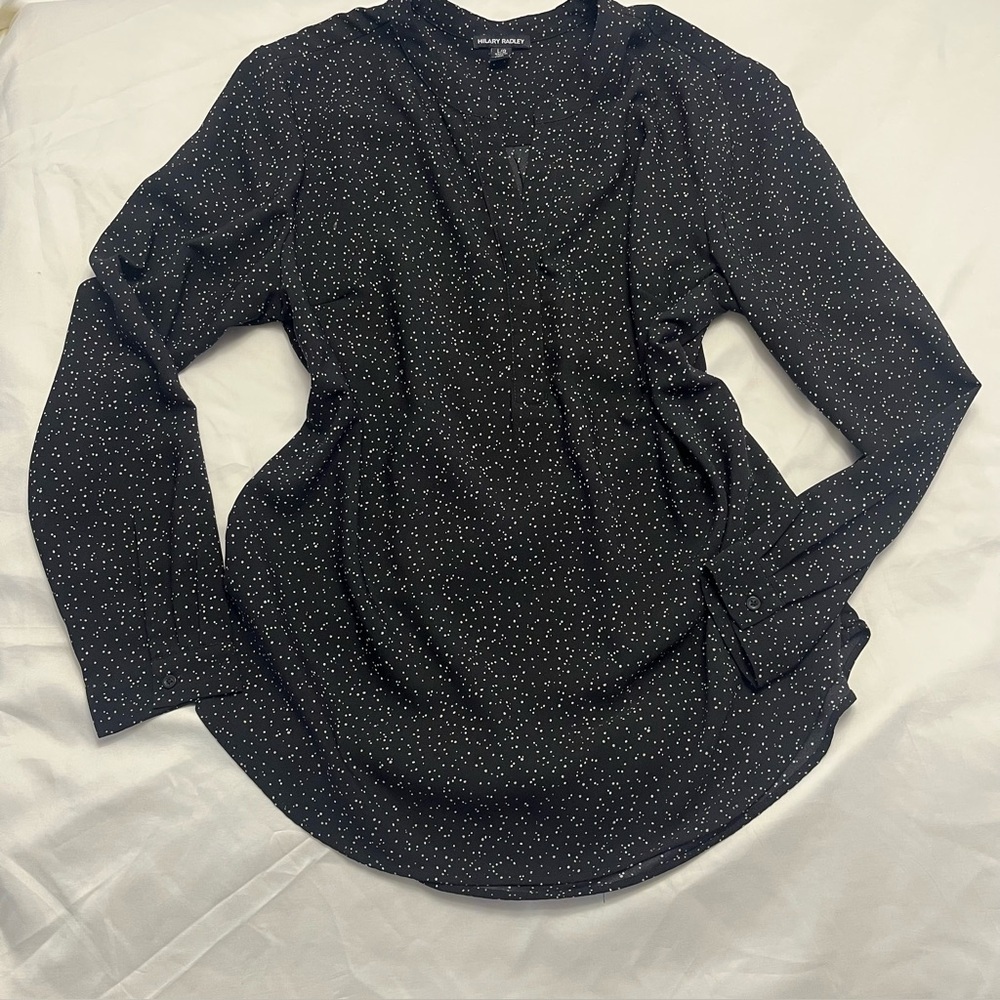 Hilary Radley Polka Dot V-Neck Blouse Black Large